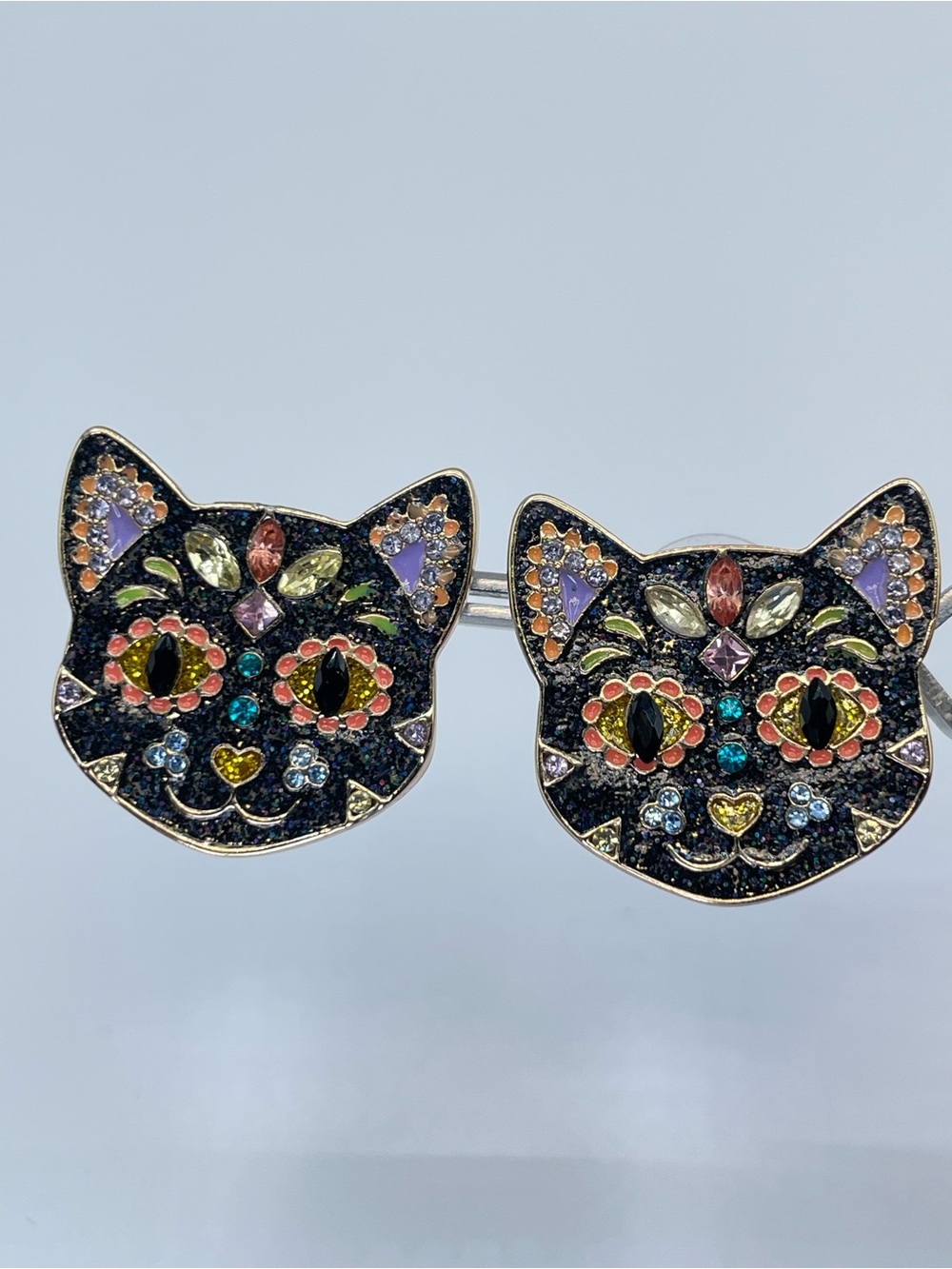 BaubleBar Cat Stud Earrings Gold Tone Crystal Enamel Black Cat Face Halloween